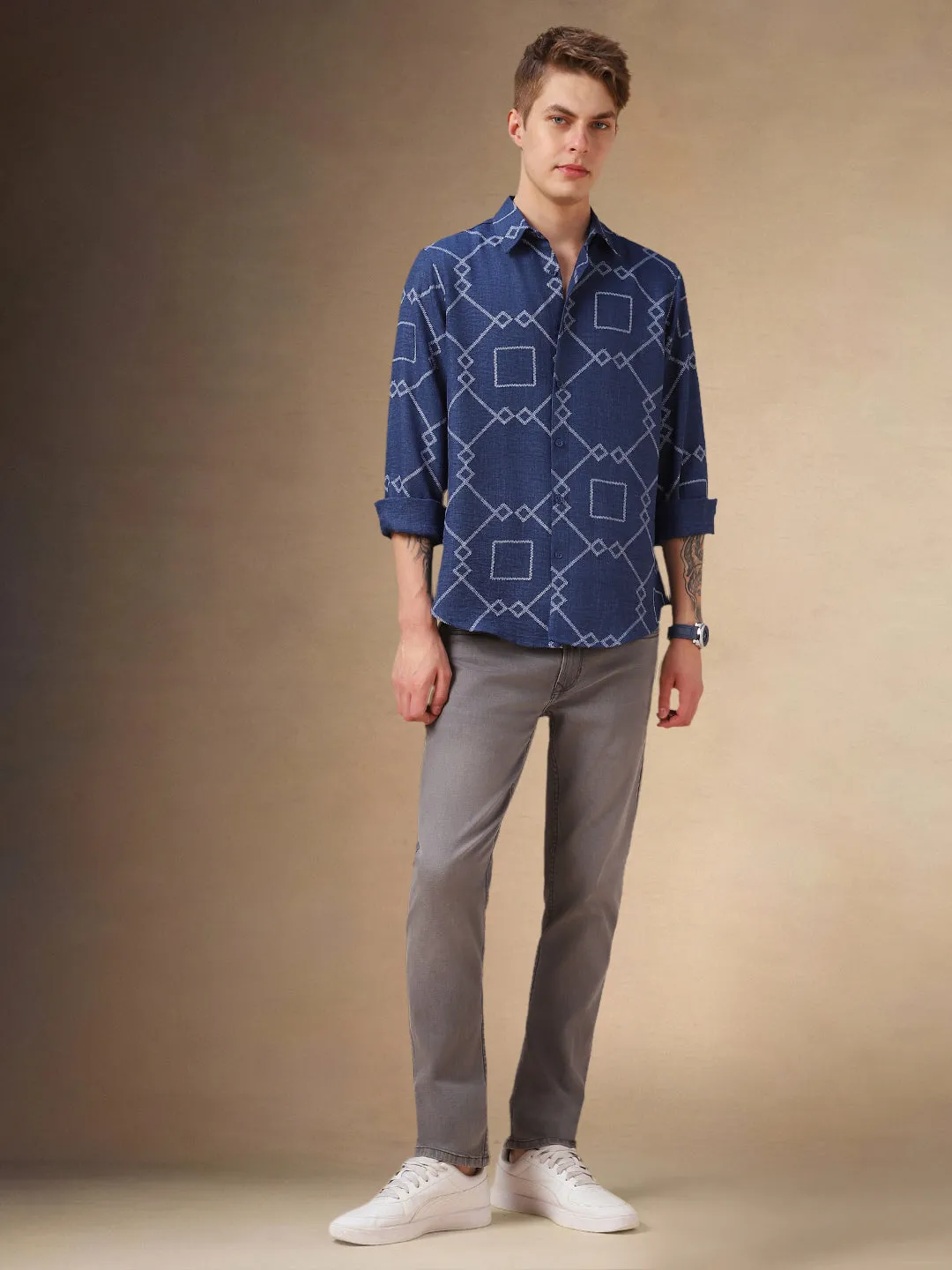 Men's Blue Printed Spread Collar Full Sleeves Shirt