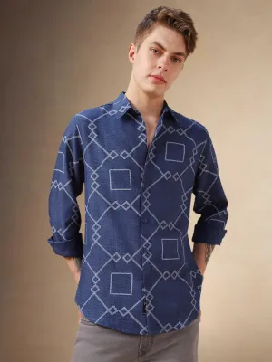 Men's Blue Printed Spread Collar Full Sleeves Shirt