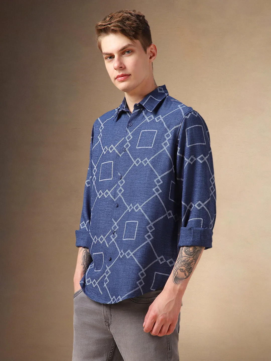 Men's Blue Printed Spread Collar Full Sleeves Shirt