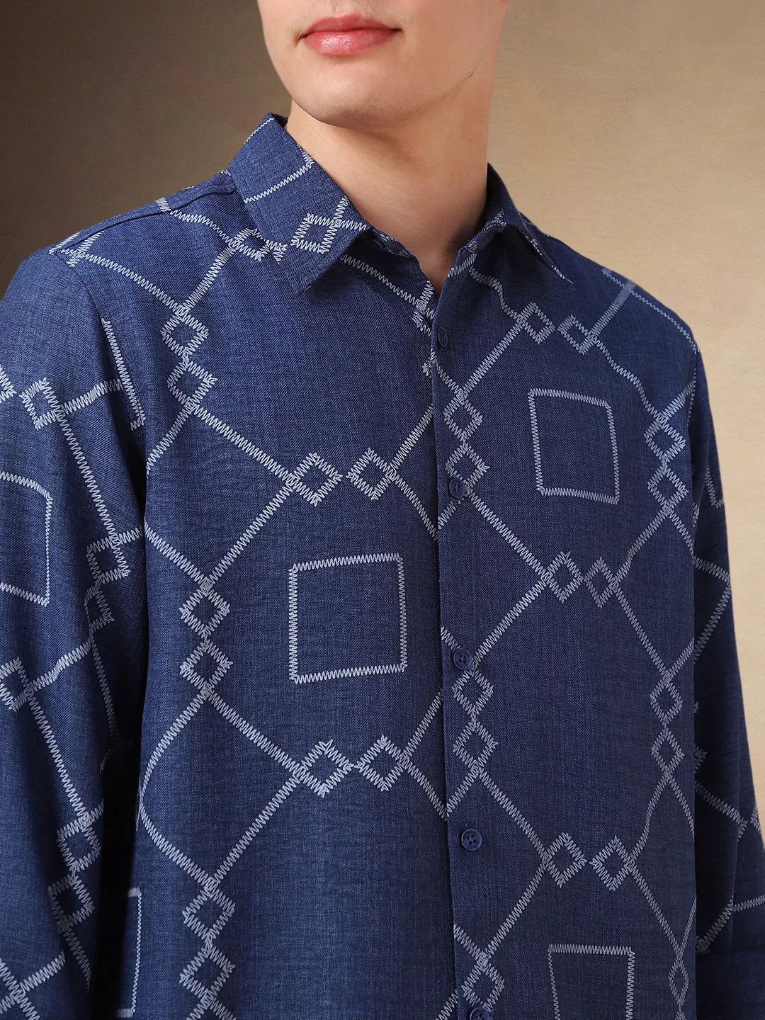 Men's Blue Printed Spread Collar Full Sleeves Shirt