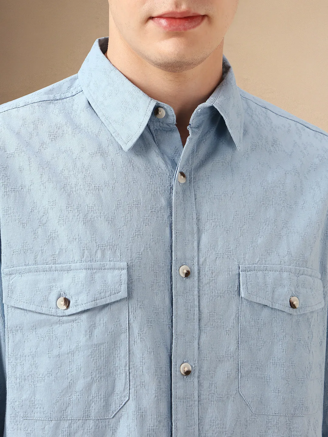 Men's Blue Textured Spread Collar Full Sleeves 100% Cotton Casual Shirt