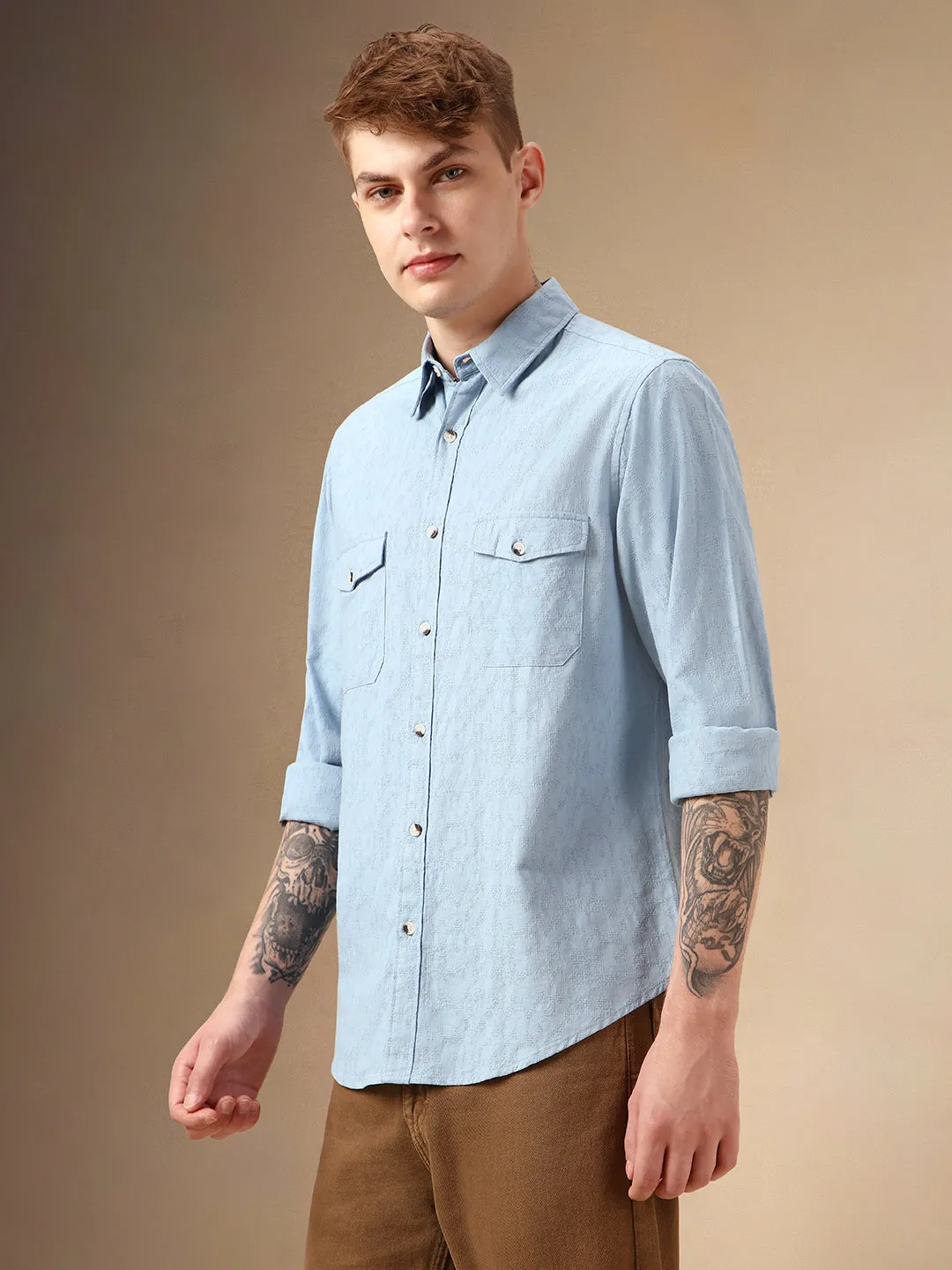 Men's Blue Textured Spread Collar Full Sleeves 100% Cotton Casual Shirt