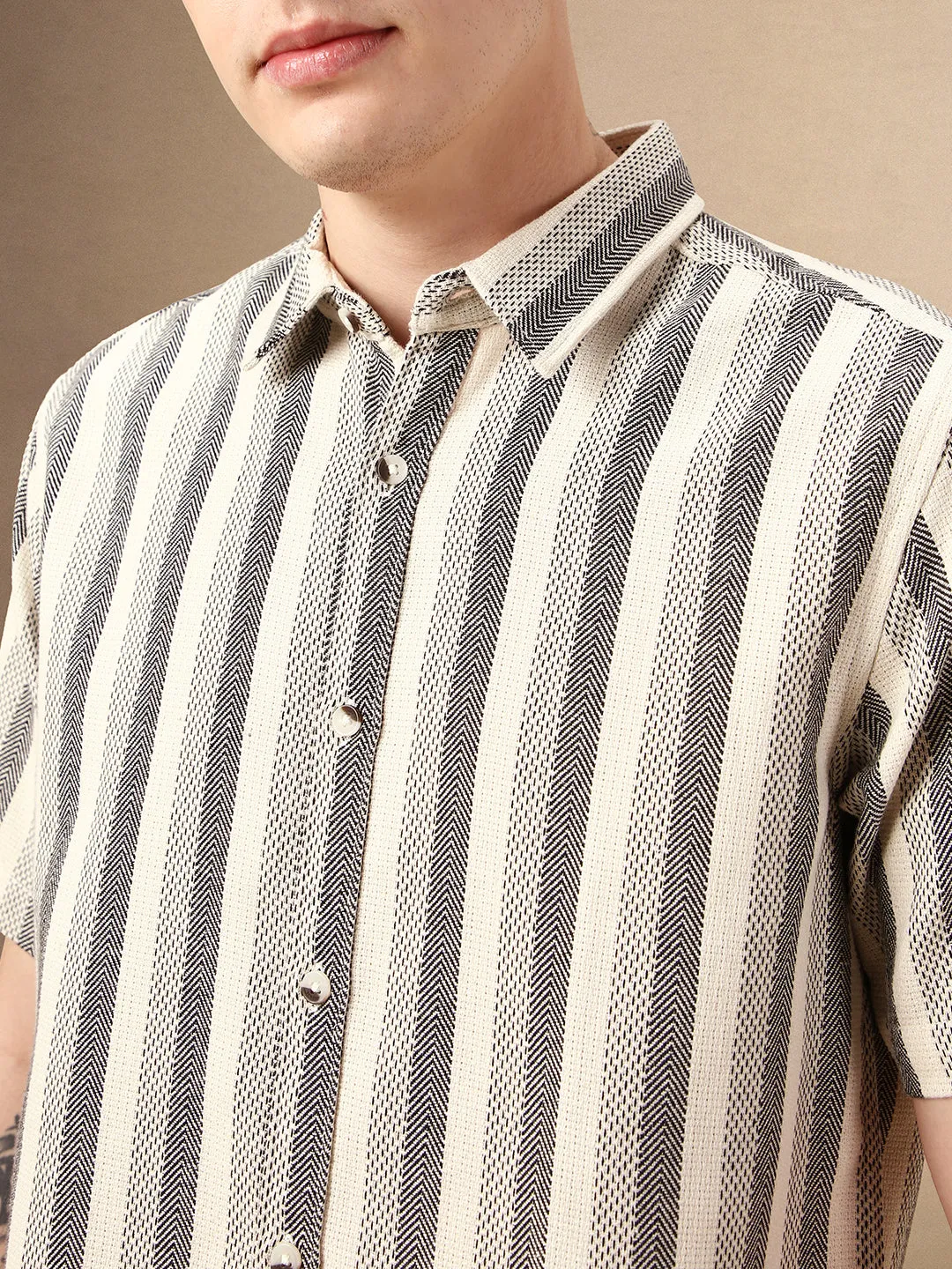 Men's Cream Striped Spread Collar Half Sleeves Cotton Poly Waffle Casual Shirt