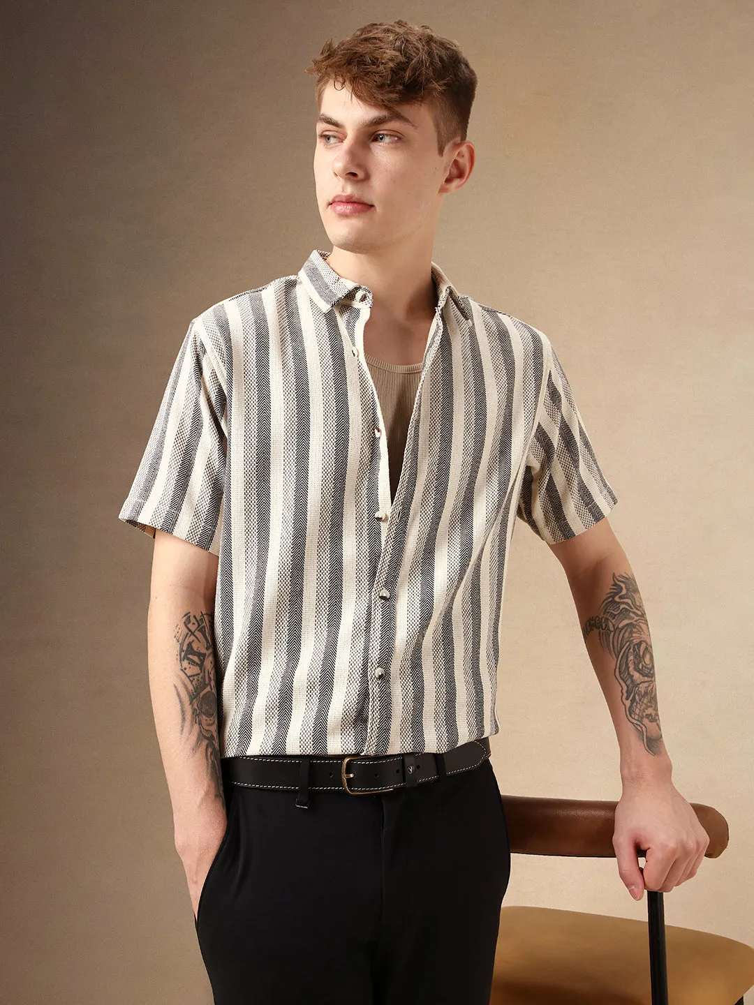 Men's Cream Striped Spread Collar Half Sleeves Cotton Poly Waffle Casual Shirt