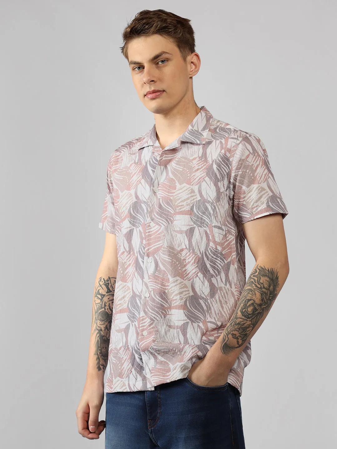 Men's Maroon Printed Cuban Collar Half Sleeve Relaxed Fit Shirt