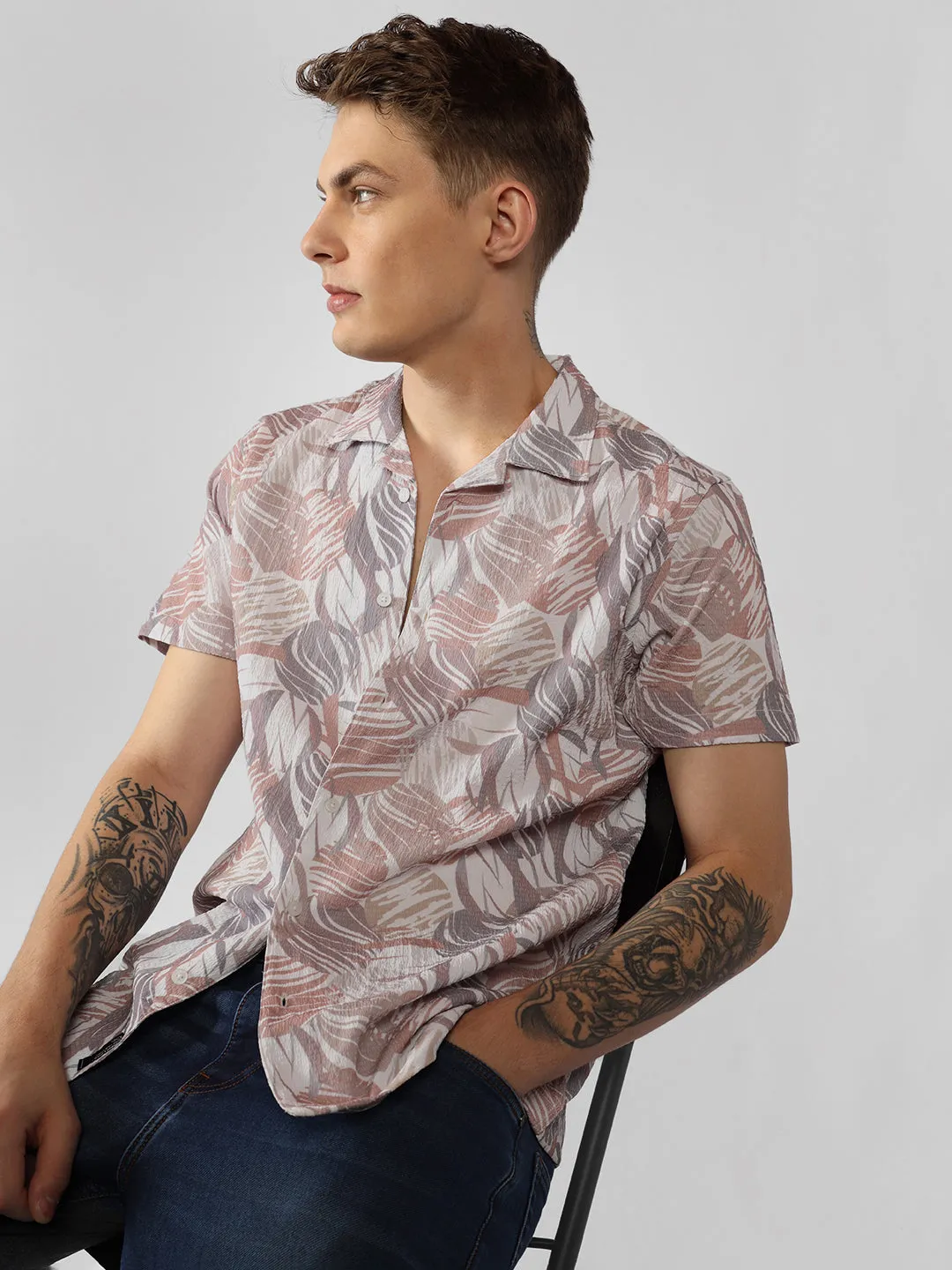 Men's Maroon Printed Cuban Collar Half Sleeve Relaxed Fit Shirt