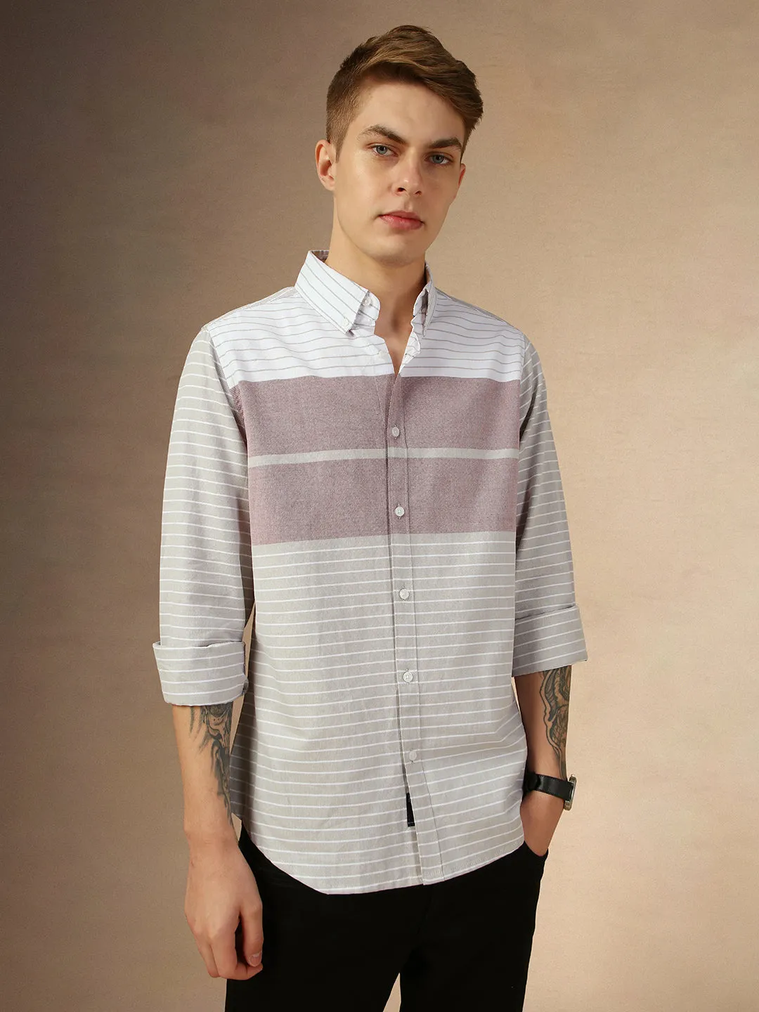 Men's Maroon Striped Button Down Collar Full Sleeves Regular Fit Shirt