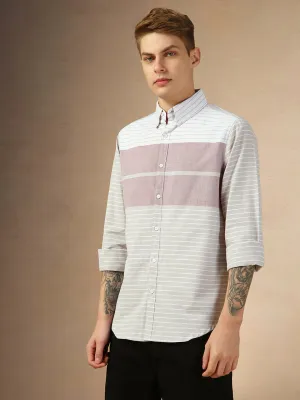 Men's Maroon Striped Button Down Collar Full Sleeves Regular Fit Shirt