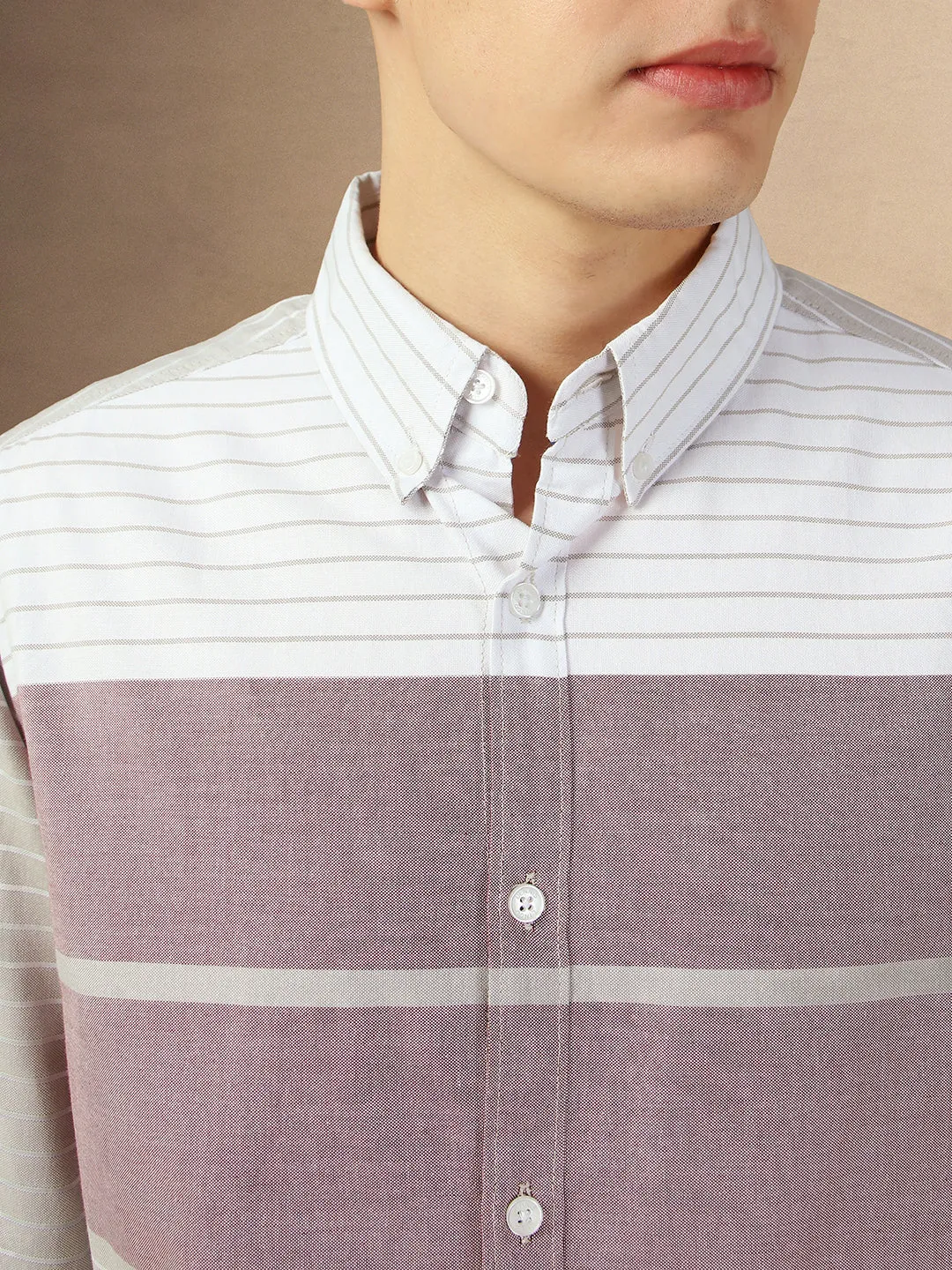 Men's Maroon Striped Button Down Collar Full Sleeves Regular Fit Shirt