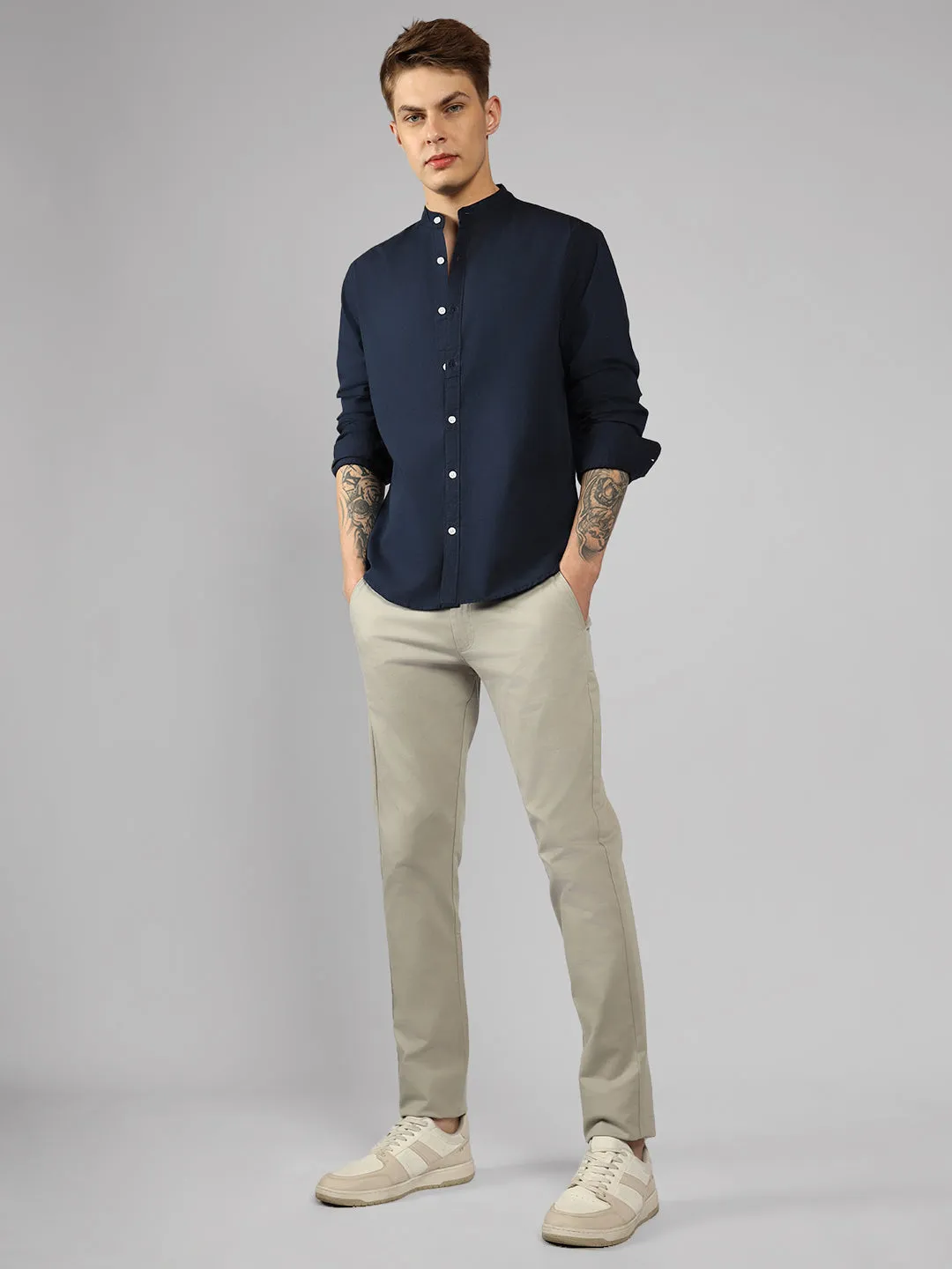 Men's Navy Blue Solid Mandarin Collar Long Sleeves Regular Fit Casual Shirt