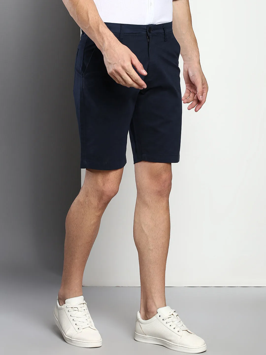 Men's Navy Slim Fit Mid Rise Casual Cotton Shorts