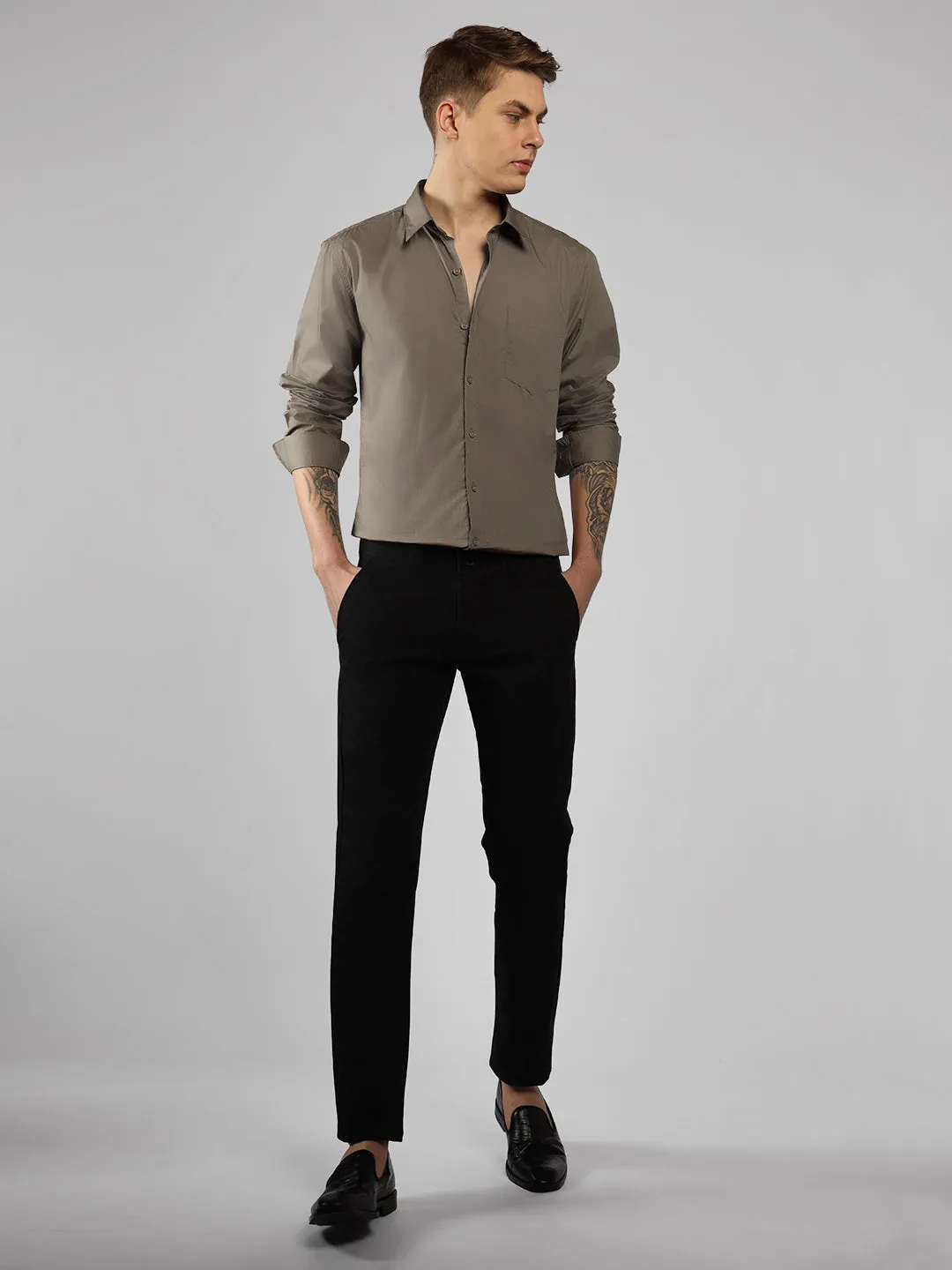 Men's Taupe Solid Spread Collar Full Sleeve Regular Fit Shirt