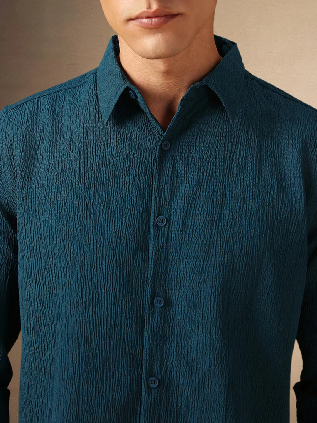 Men's Teal Blue Textured Spread Collar Full Sleeves Casual Shirt