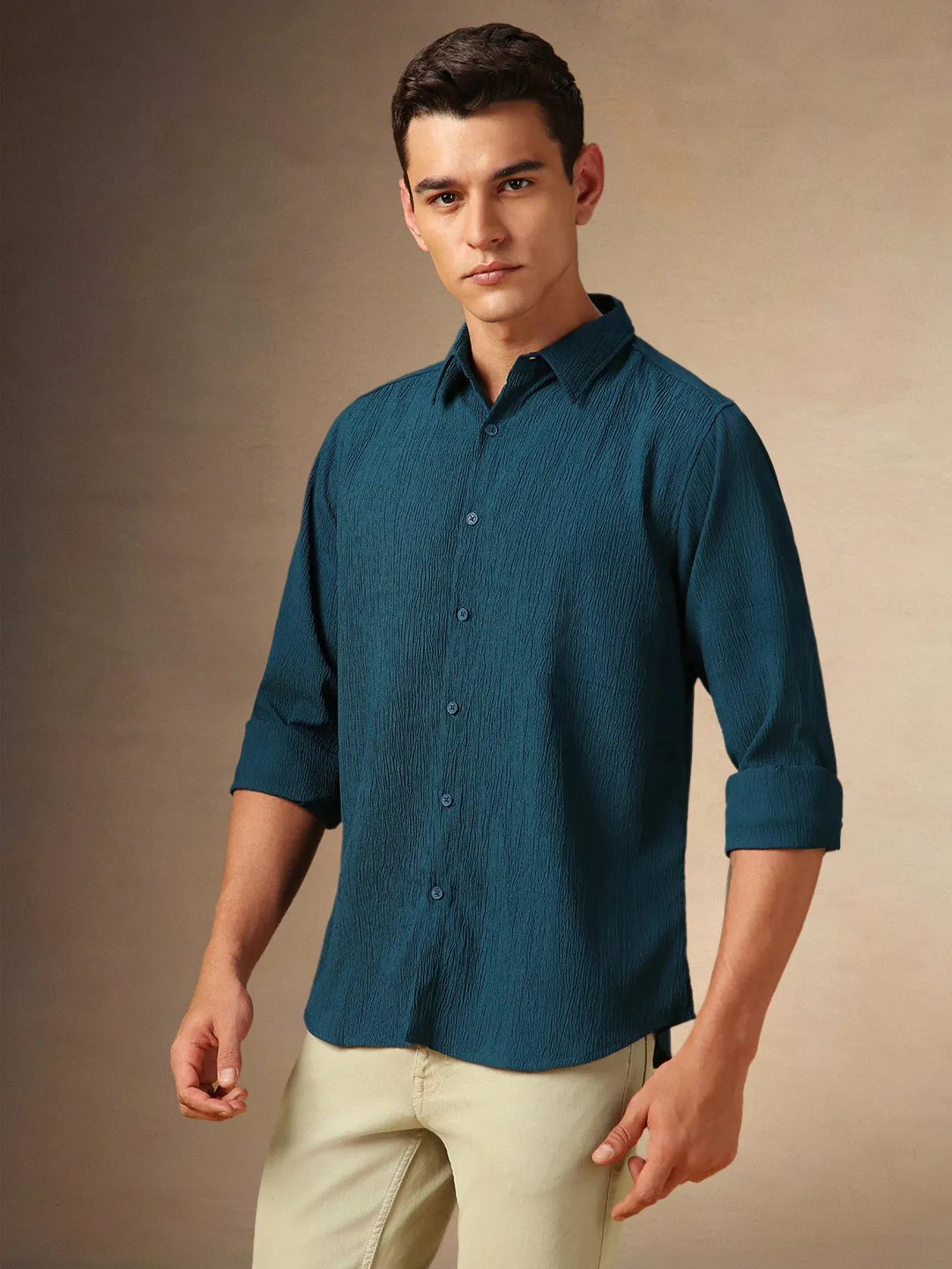 Men's Teal Blue Textured Spread Collar Full Sleeves Casual Shirt