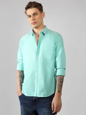 Men's Teal Solid Spread Collar Full Sleeve Regular Fit Shirt