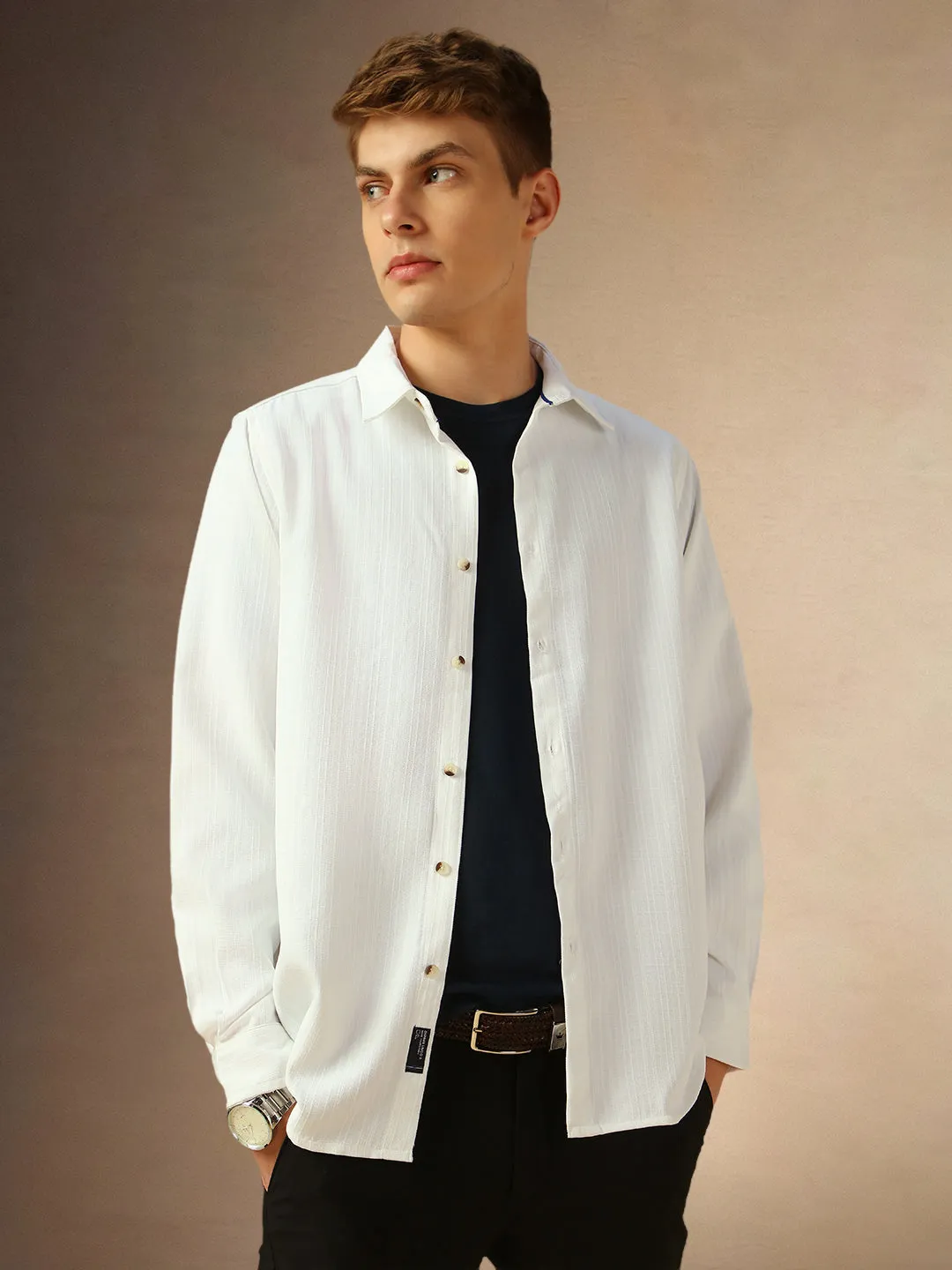 Men's White Solid Spread Collar Full Sleeves Shirt