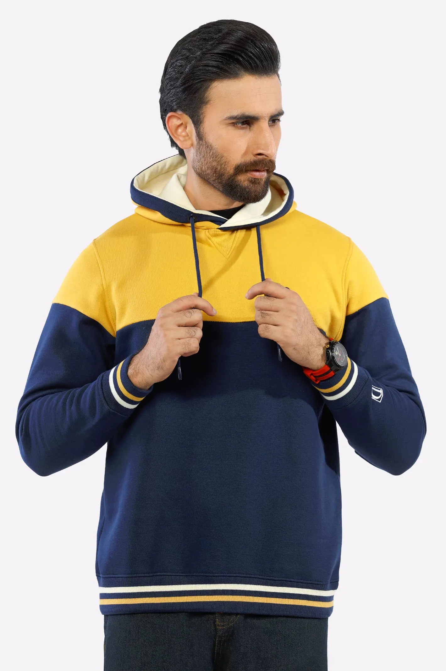 Navy Blue Color Block Pullover Hoodie