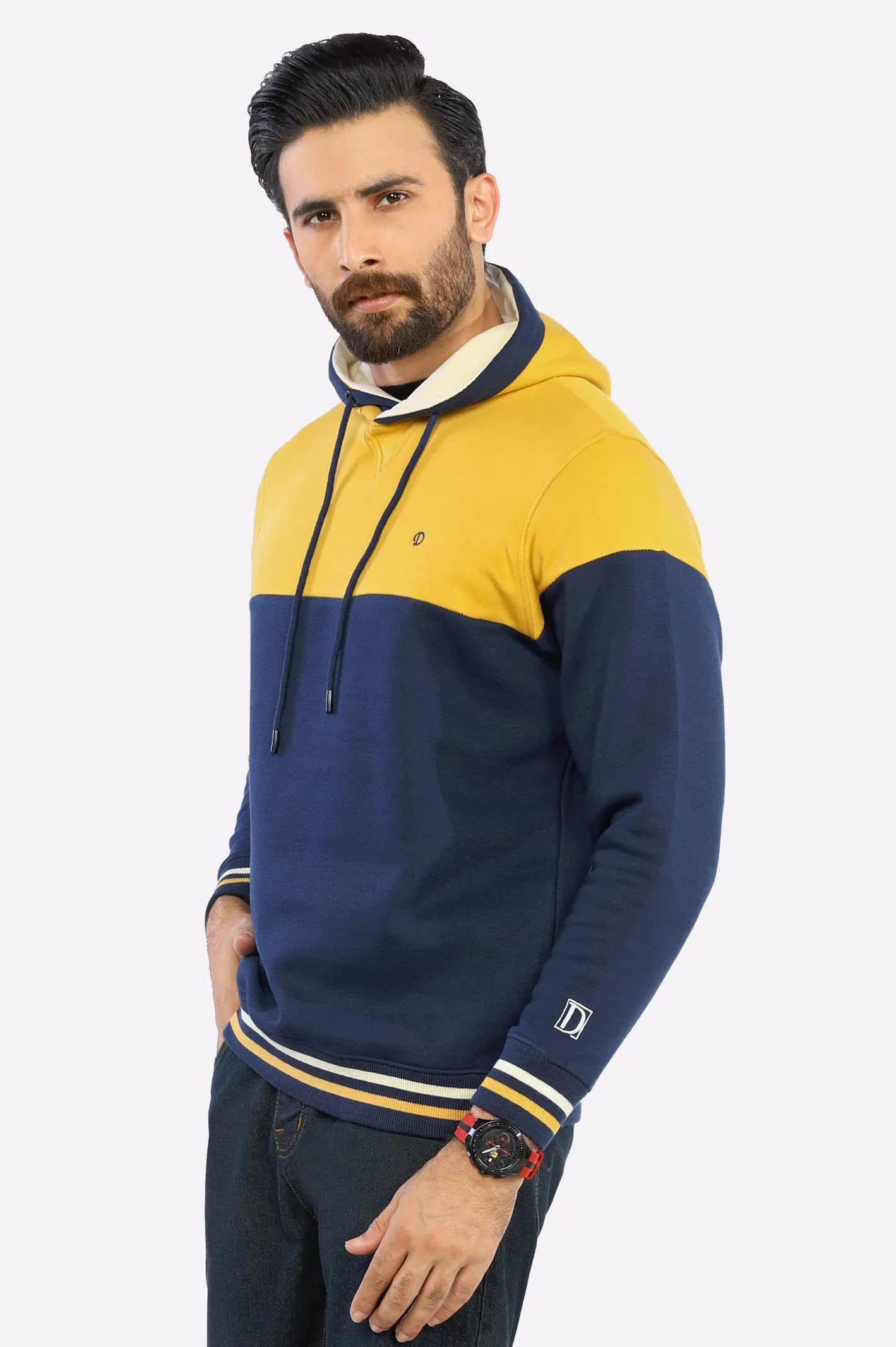 Navy Blue Color Block Pullover Hoodie