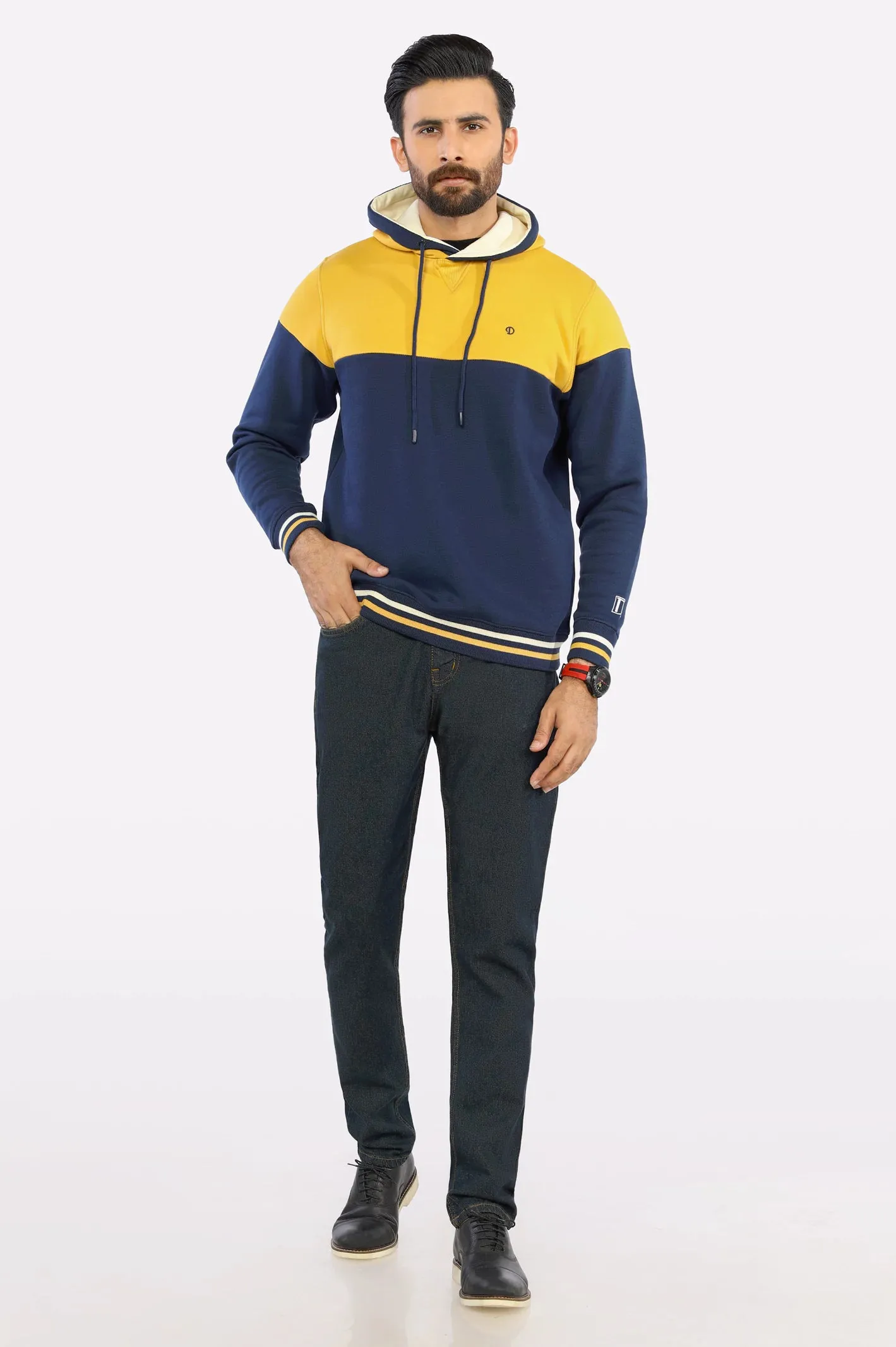 Navy Blue Color Block Pullover Hoodie