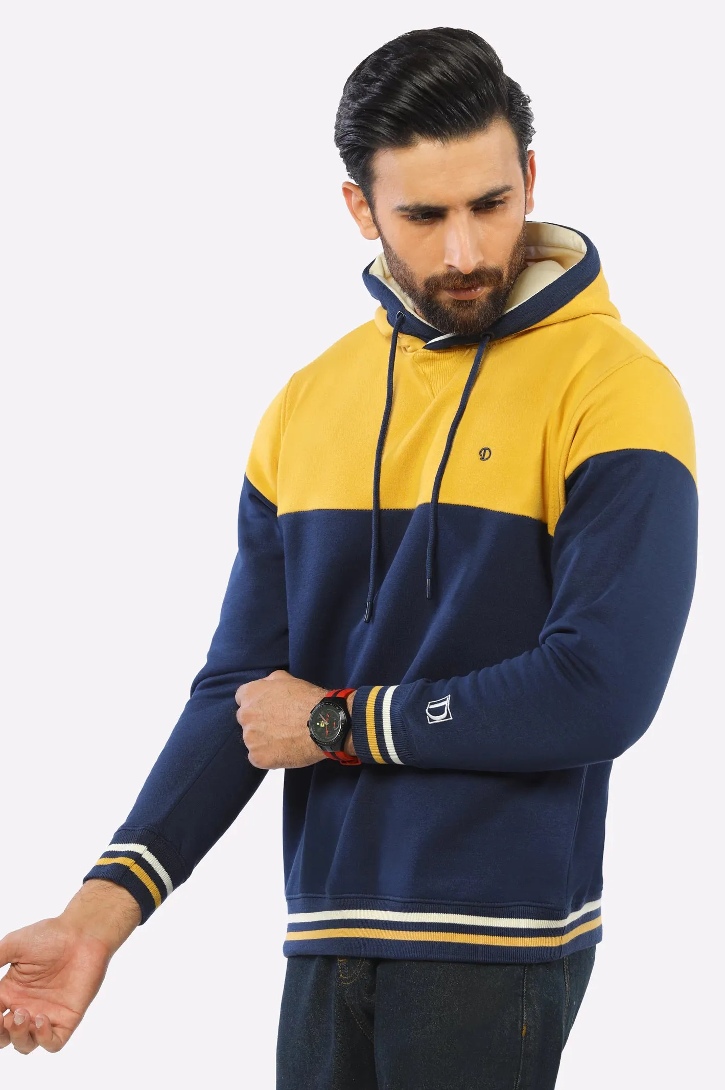 Navy Blue Color Block Pullover Hoodie