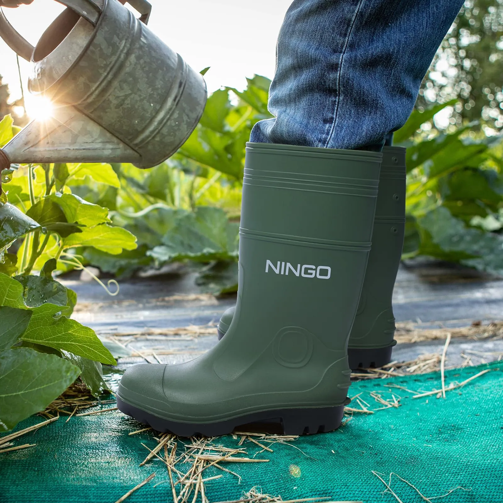 NINGO Men's Steel Toe Rain Boots, Waterproof Rubber Boots, Seamless PVC Rainboots, Puncture and Slip Resistant, Outdoor Fishing Gardening Boots for Men, for Agriculture and Industrial Working