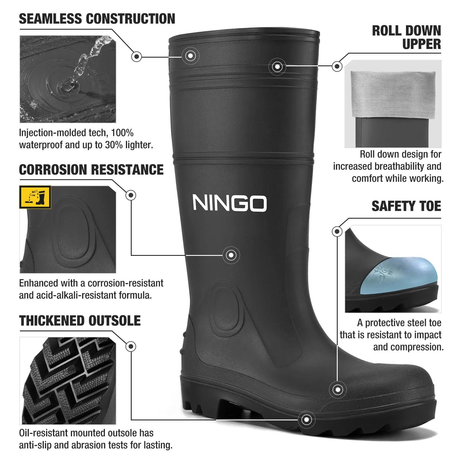 NINGO Men's Steel Toe Rain Boots, Waterproof Rubber Boots, Seamless PVC Rainboots, Puncture and Slip Resistant, Outdoor Fishing Gardening Boots for Men, for Agriculture and Industrial Working