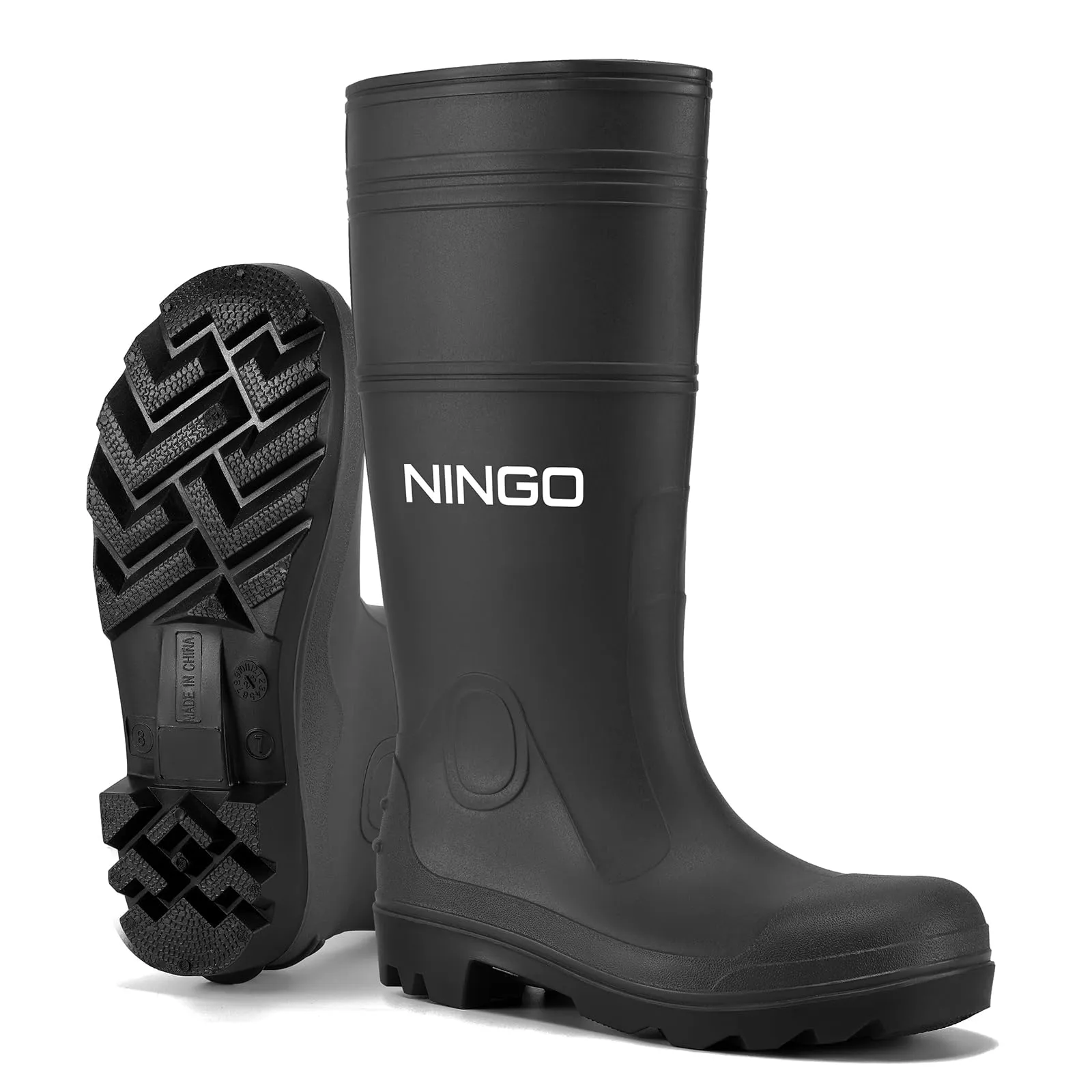 NINGO Men's Steel Toe Rain Boots, Waterproof Rubber Boots, Seamless PVC Rainboots, Puncture and Slip Resistant, Outdoor Fishing Gardening Boots for Men, for Agriculture and Industrial Working