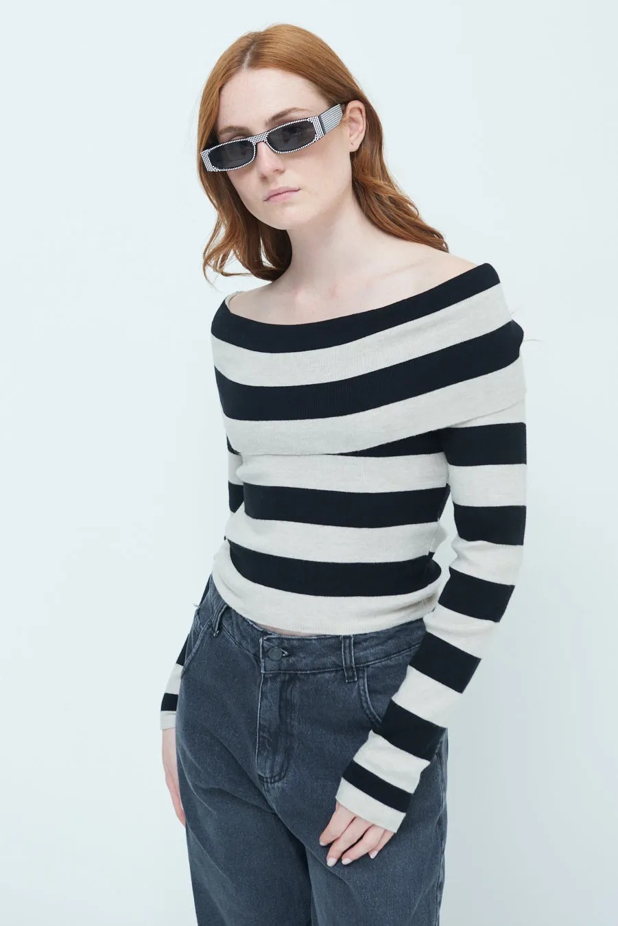 Off-shoulder striped sweater wholesale