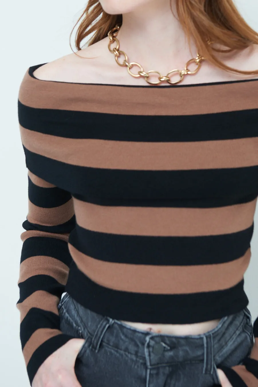 Off-shoulder striped sweater wholesale