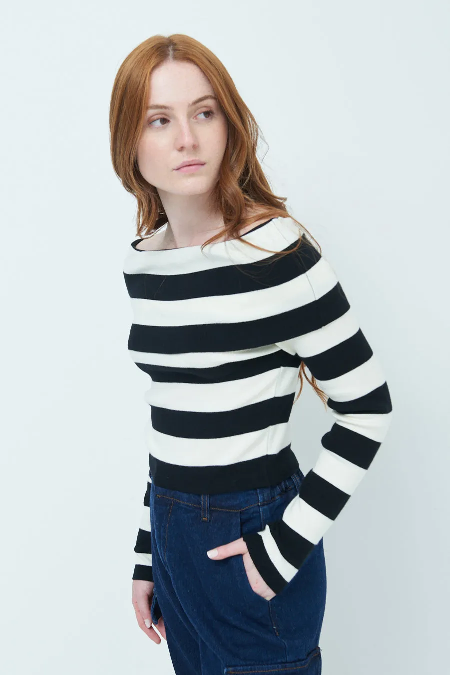 Off-shoulder striped sweater wholesale