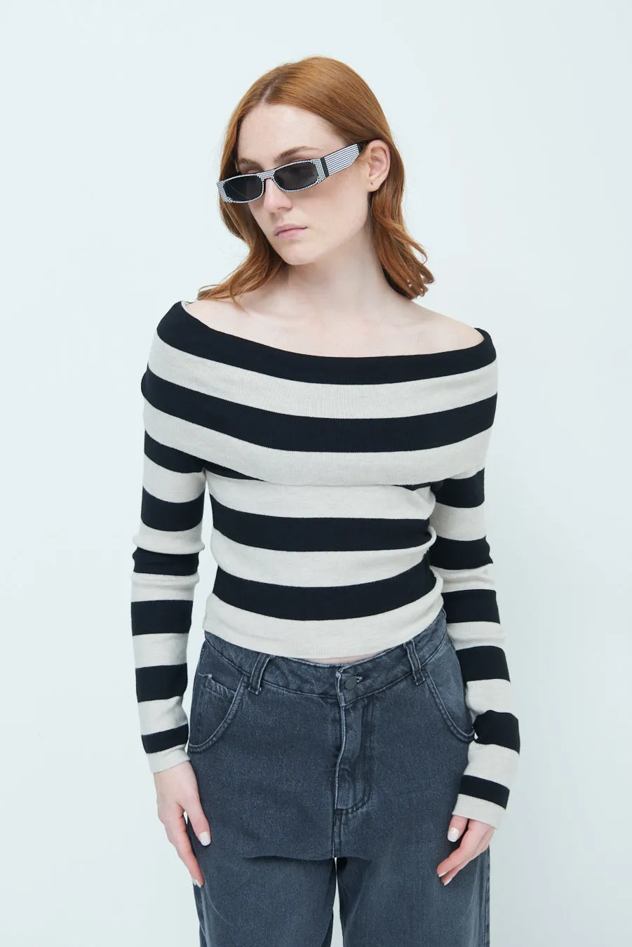 Off-shoulder striped sweater wholesale