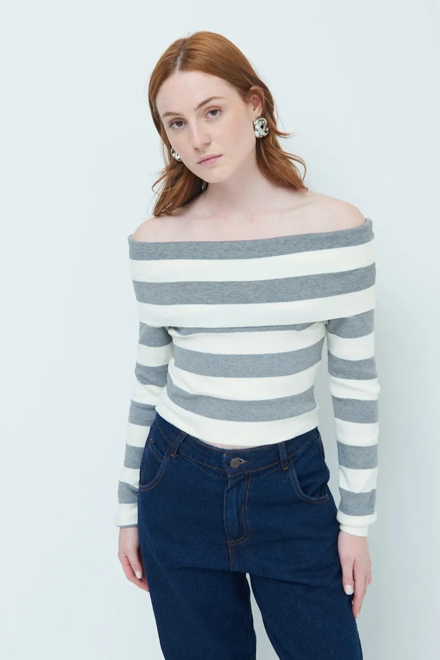 Off-shoulder striped sweater wholesale