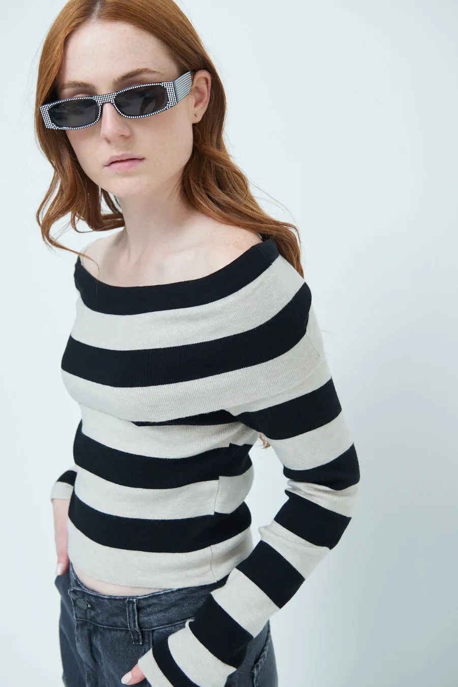 Off-shoulder striped sweater wholesale