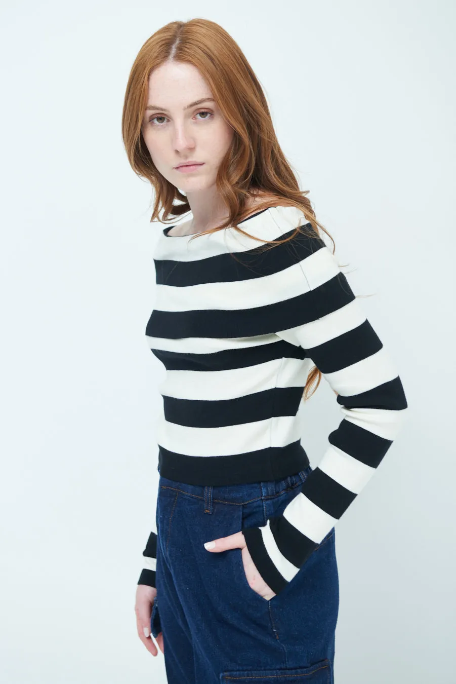 Off-shoulder striped sweater wholesale