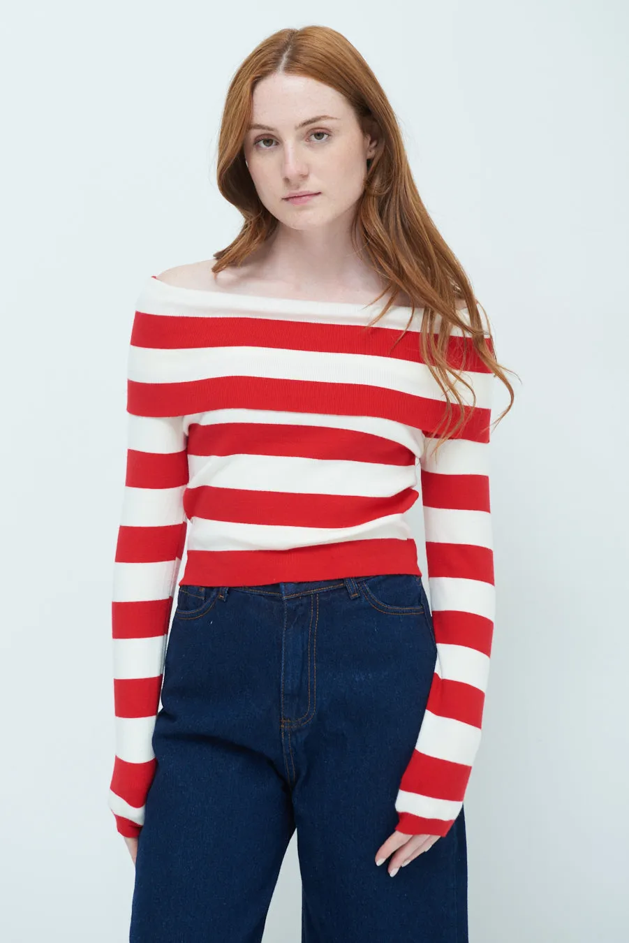 Off-shoulder striped sweater wholesale