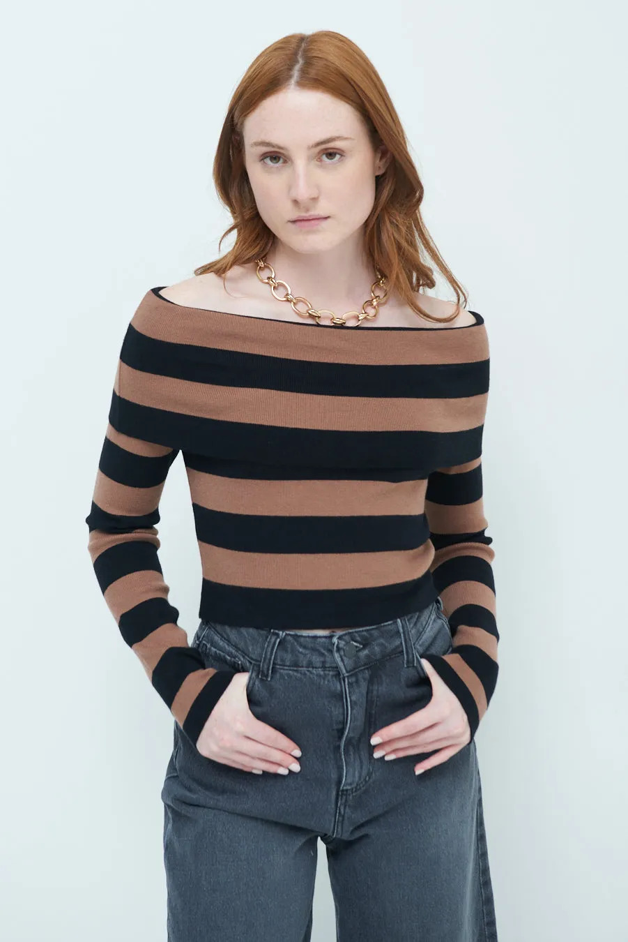 Off-shoulder striped sweater wholesale