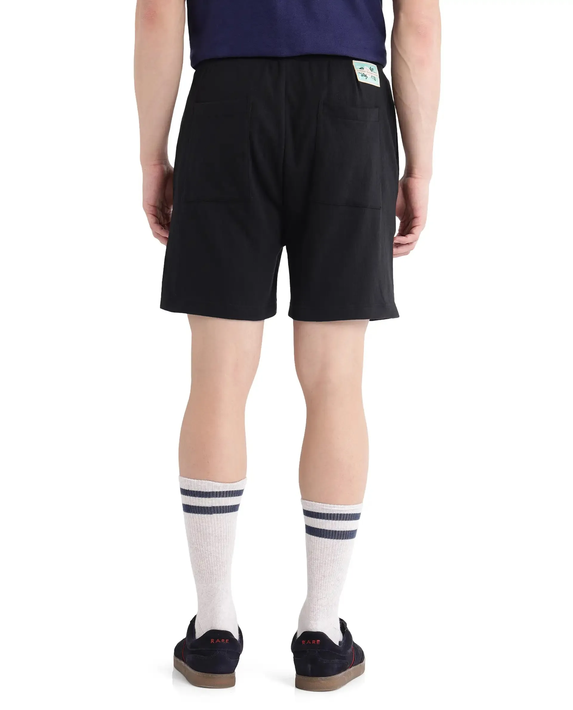 Rare Rabbit Men Kelor Black Cotton Elastane Fabric Drawstring Closure Back Label Plain Shorts