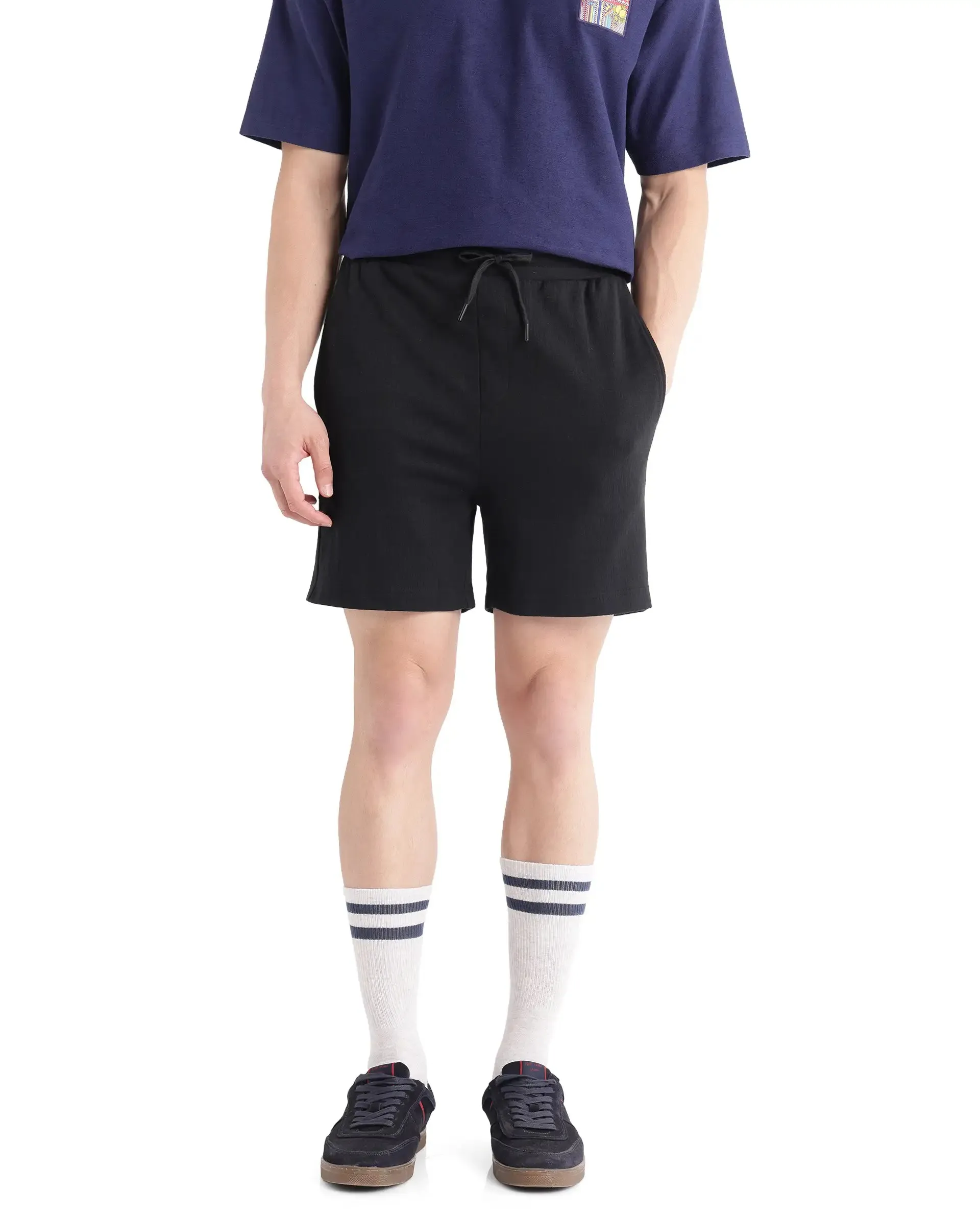 Rare Rabbit Men Kelor Black Cotton Elastane Fabric Drawstring Closure Back Label Plain Shorts