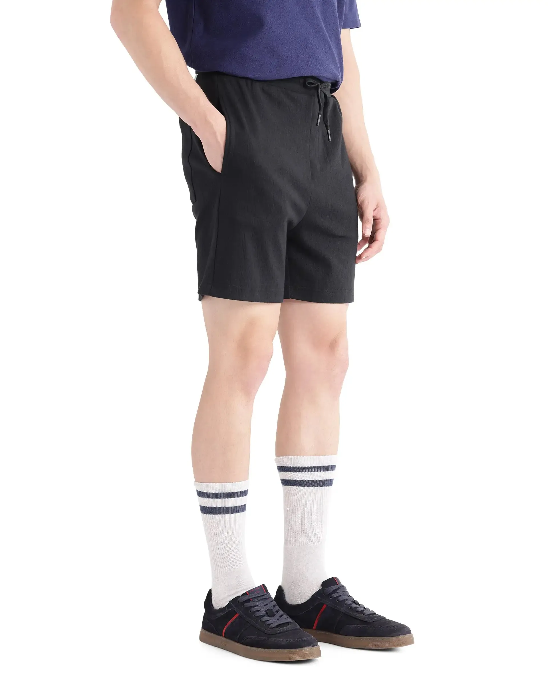 Rare Rabbit Men Kelor Black Cotton Elastane Fabric Drawstring Closure Back Label Plain Shorts