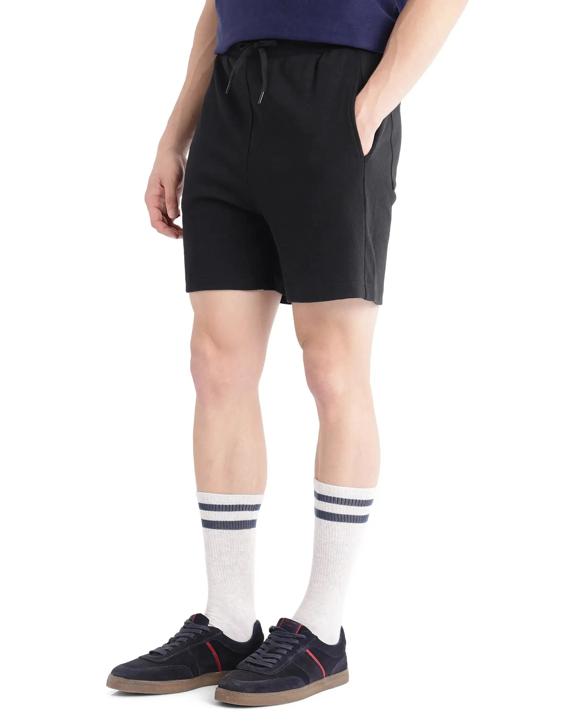 Rare Rabbit Men Kelor Black Cotton Elastane Fabric Drawstring Closure Back Label Plain Shorts