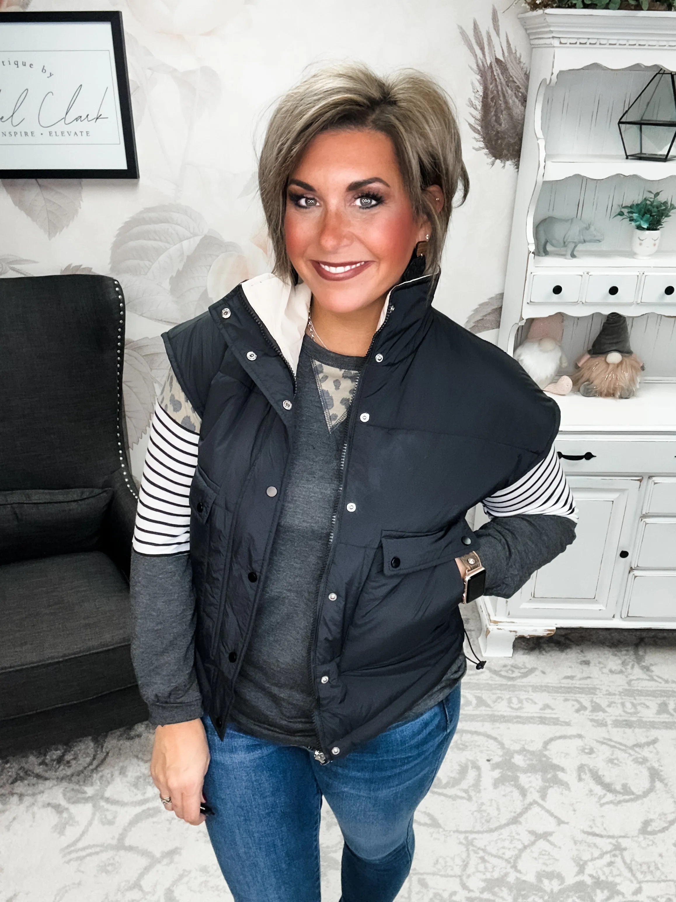 Stay Out All Night Reversible Puffer Vest - Black/Ivory