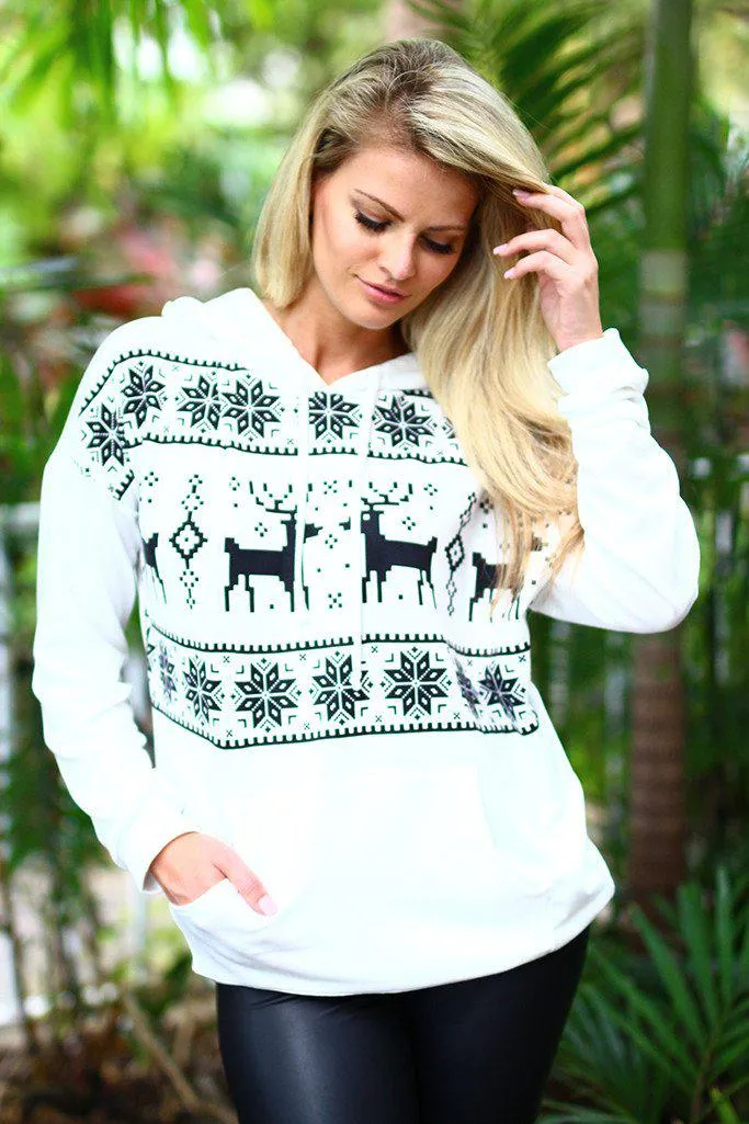 White Reindeer Hoodie With Pocket