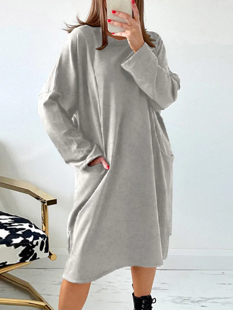 Women Loose Hooded Solid Knee Length Side Pockets Midi Dresses