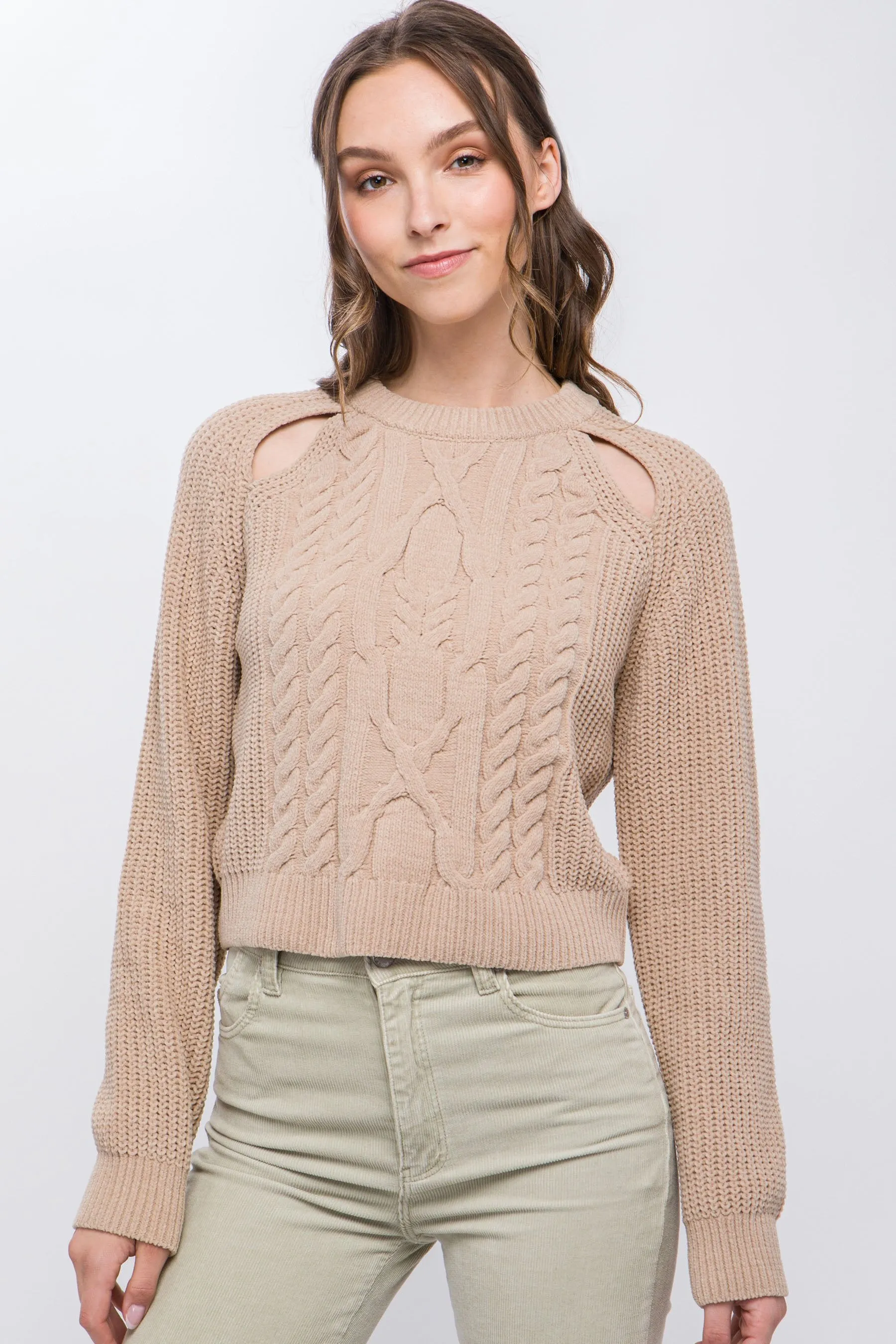 Women's Knit pullover sweater with cold shoulder detail