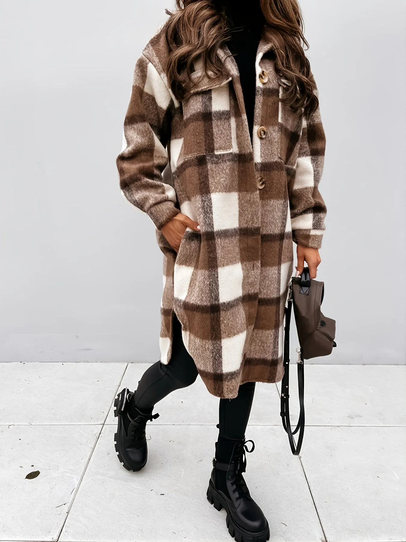 Women's Outerwear Casual Long Sleeve Plaid Brushed Mid-length Loose Jacket